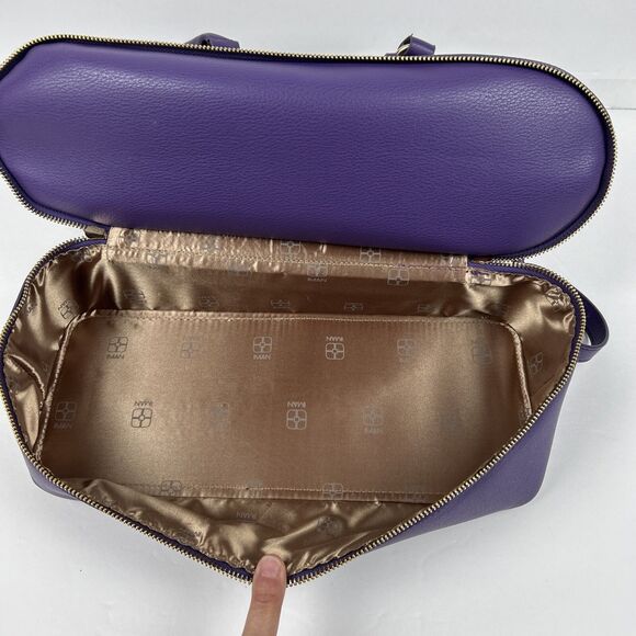 Iman Global Chic Logo Print Dome Satchel Handbag Purse Purple Gold Trim Ivory - Picture 12 of 16